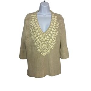 V Cristina Knit Sweater Top Cream Bead Embellished V Neck 3/4 Sleeve Boho Chic